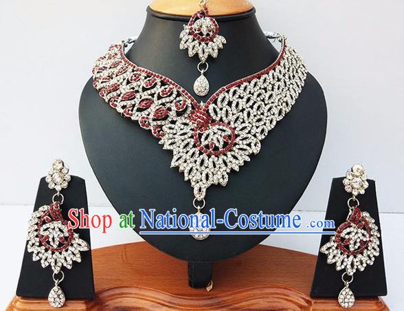 Indian Traditional Bollywood Court Crystal Necklace Earrings and Eyebrows Pendant India Princess Jewelry Accessories for Women