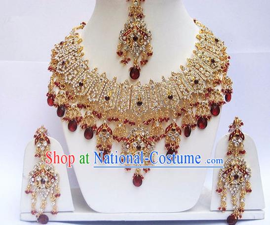 Indian Traditional Bollywood Court Red Crystal Tassel Necklace Earrings and Eyebrows Pendant India Princess Jewelry Accessories for Women