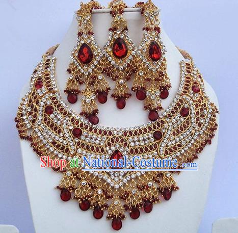 Indian Traditional Bollywood Red Crystal Tassel Necklace Earrings and Eyebrows Pendant India Princess Jewelry Accessories for Women