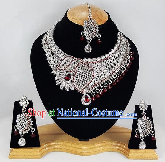 Indian Traditional Bollywood Argent Necklace Earrings and Eyebrows Pendant India Princess Jewelry Accessories for Women