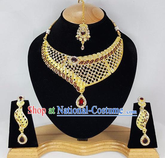 Traditional Indian Bollywood Golden Necklace Earrings and Eyebrows Pendant India Princess Jewelry Accessories for Women