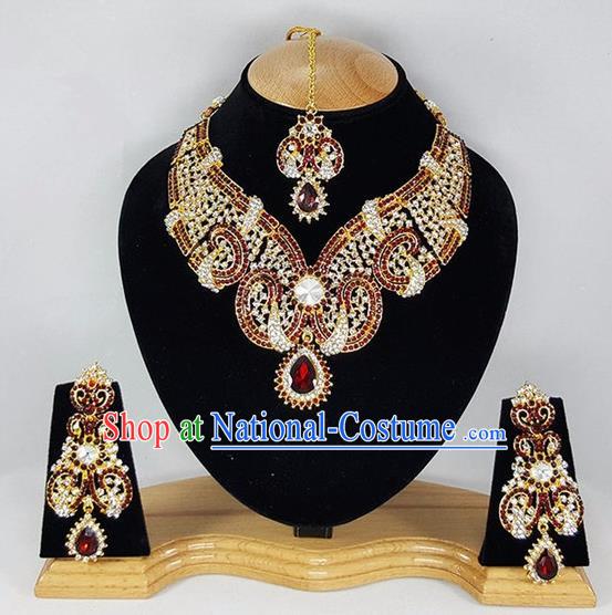 Traditional Indian Bollywood Red Crystal Necklace Earrings and Eyebrows Pendant India Princess Jewelry Accessories for Women