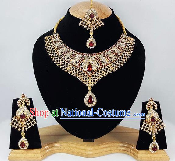 Traditional Indian Bollywood Crystal Golden Necklace Earrings and Eyebrows Pendant India Princess Jewelry Accessories for Women