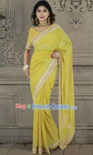 Indian Traditional Bollywood Yellow Veil Sari Dress Asian India Royal Princess Embroidered Costume for Women