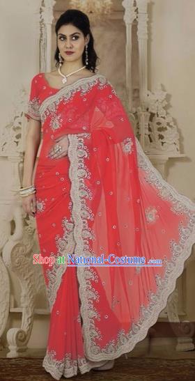 Indian Traditional Bollywood Watermelon Red Veil Sari Dress Asian India Royal Princess Embroidered Costume for Women