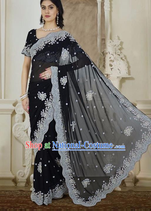 Indian Traditional Bollywood Black Veil Sari Dress Asian India Royal Princess Embroidered Costume for Women