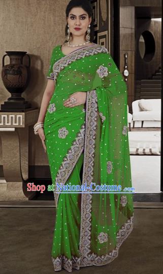 Indian Traditional Bollywood Green Veil Sari Dress Asian India Royal Princess Embroidered Costume for Women