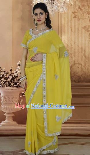 Indian Traditional Bollywood Yellow Veil Sari Dress Asian India Royal Princess Embroidered Costume for Women