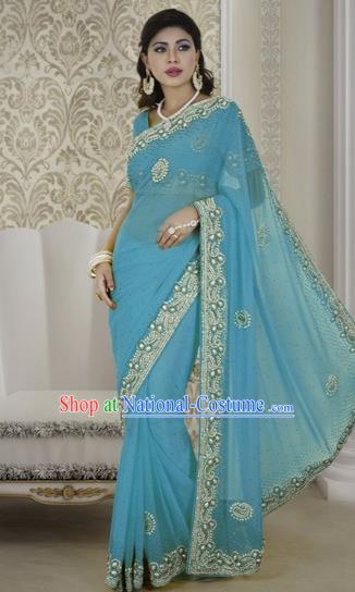 Indian Traditional Bollywood Court Light Blue Sari Dress Asian India Royal Princess Costume for Women