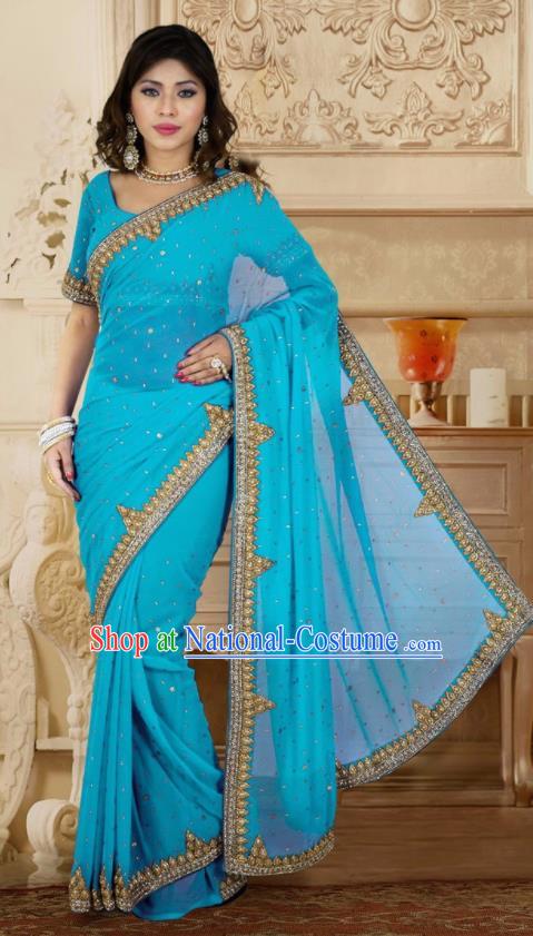 Indian Traditional Court Blue Sari Dress Asian India Bollywood Royal Princess Costume for Women