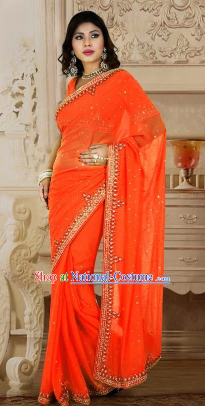 Indian Traditional Court Orange Sari Dress Asian India Bollywood Royal Princess Costume for Women