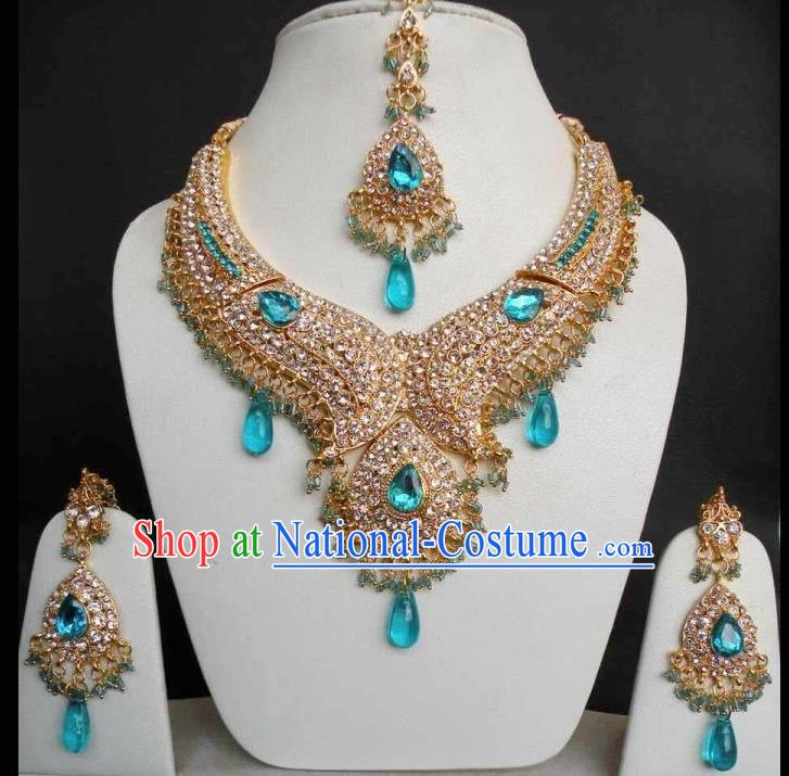 Traditional Indian Bollywood Jewelry Accessories India Princess Blue Crystal Necklace Earrings and Eyebrows Pendant for Women