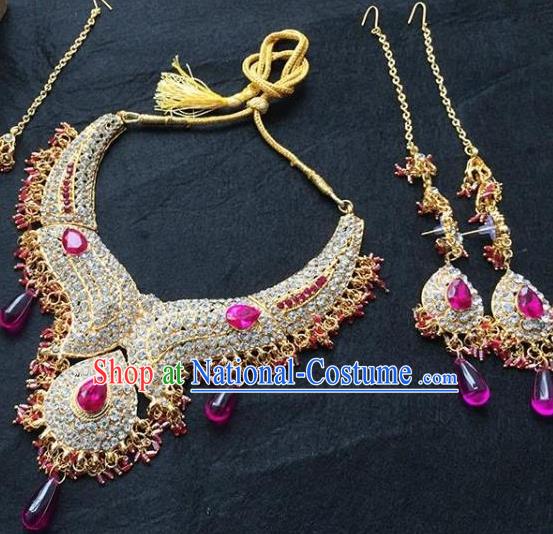 Traditional Indian Bollywood Jewelry Accessories India Princess Rosy Crystal Necklace Earrings and Eyebrows Pendant for Women