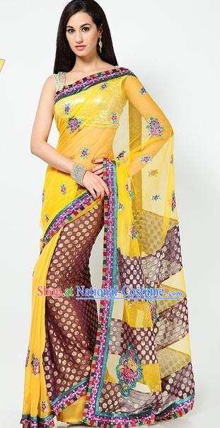 Indian Traditional Wedding Bride Yellow Sari Dress Asian India Bollywood Costume for Women