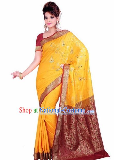 Indian Traditional Wedding Bride Golden Sari Dress Asian India Bollywood Costume for Women