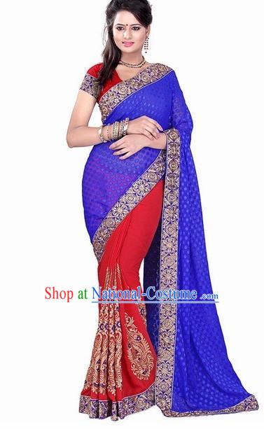 Indian Traditional Wedding Bride Royalblue Sari Dress Asian India Bollywood Costume for Women