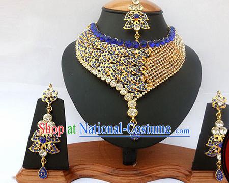 Traditional Indian Jewelry Accessories Bollywood Princess Blue Crystal Necklace Earrings and Eyebrows Pendant for Women