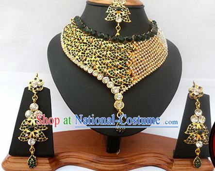 Traditional Indian Jewelry Accessories Bollywood Princess Green Crystal Necklace Earrings and Eyebrows Pendant for Women