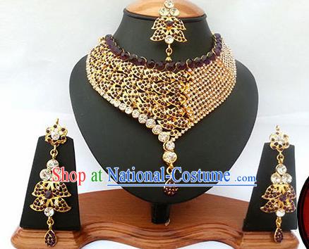 Traditional Indian Jewelry Accessories Bollywood Princess Purple Crystal Necklace Earrings and Eyebrows Pendant for Women