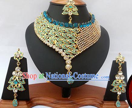 Traditional Indian Jewelry Accessories Bollywood Princess Blue Crystal Necklace Earrings and Eyebrows Pendant for Women