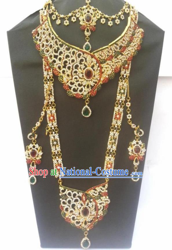 Traditional Indian Jewelry Accessories Bollywood Princess Crystal Necklace Earrings and Hair Clasp for Women