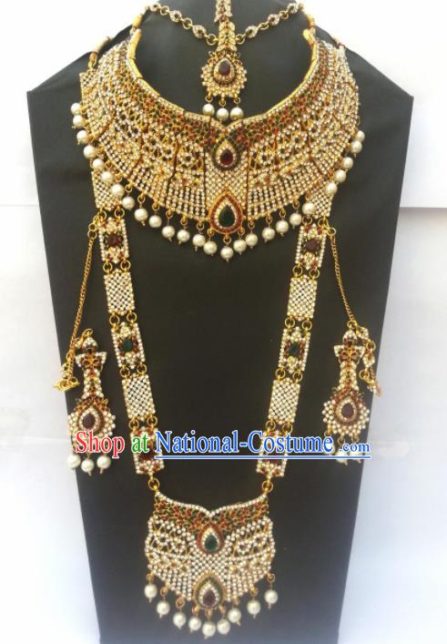 Traditional Indian Golden Jewelry Accessories Bollywood Princess Crystal Necklace Earrings and Hair Clasp for Women