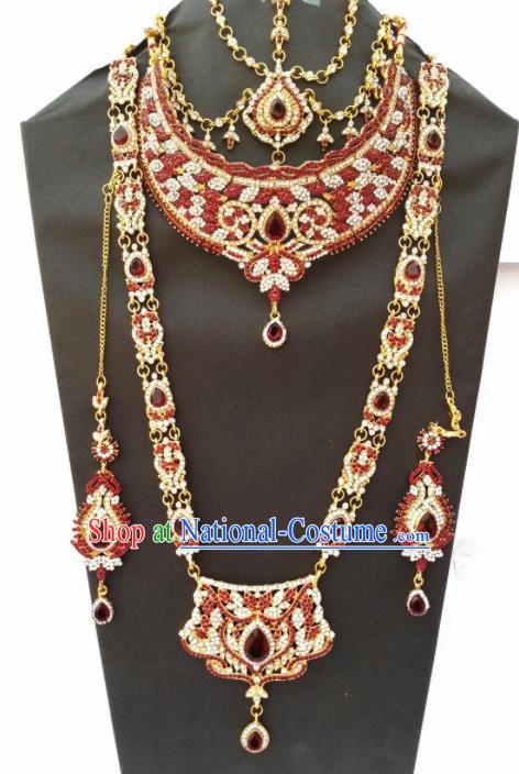 Traditional Indian Jewelry Accessories Bollywood Princess Red Crystal Necklace Earrings and Hair Clasp for Women