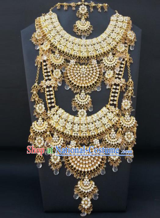 Traditional Indian Jewelry Accessories Bollywood Princess Golden Necklace Earrings and Hair Clasp for Women