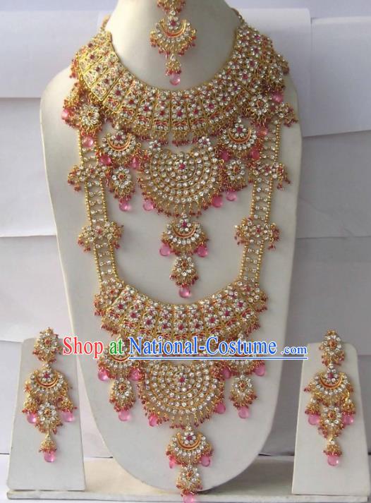 Traditional Indian Wedding Jewelry Accessories Bollywood Pink Beads Necklace Earrings and Hair Clasp for Women