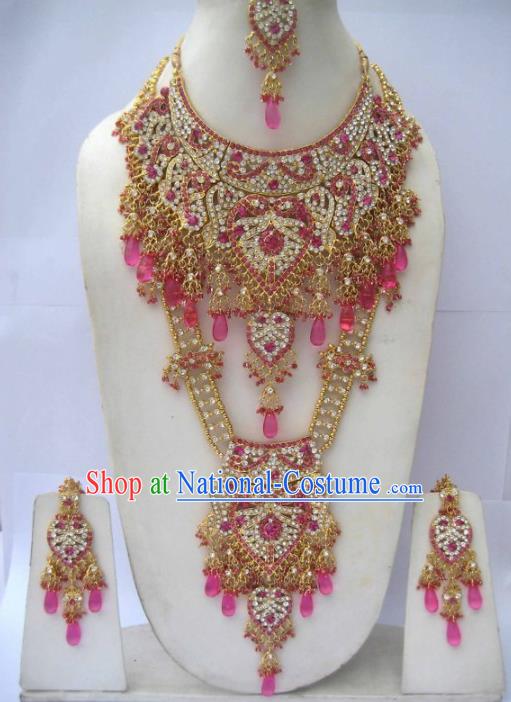 Traditional Indian Wedding Jewelry Accessories Bollywood Rosy Necklace Earrings and Hair Clasp for Women