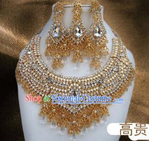 Traditional Indian Wedding Accessories Bollywood Crystal Golden Necklace Earrings and Hair Clasp for Women