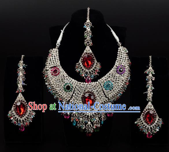 Traditional Indian Wedding Accessories Bollywood Princess Colorful Crystal Golden Necklace Earrings and Hair Clasp for Women