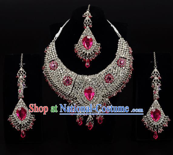 Traditional Indian Wedding Accessories Bollywood Princess Rosy Crystal Golden Necklace Earrings and Hair Clasp for Women