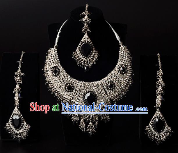 Traditional Indian Wedding Accessories Bollywood Princess Black Crystal Golden Necklace Earrings and Hair Clasp for Women