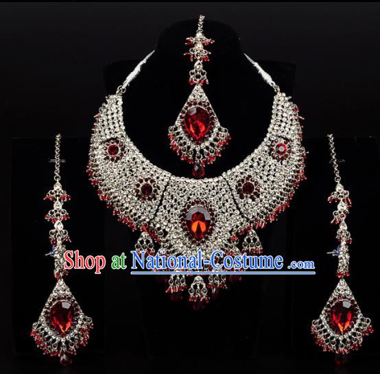 Traditional Indian Wedding Accessories Bollywood Princess Red Crystal Golden Necklace Earrings and Hair Clasp for Women