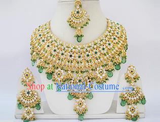 Traditional Indian Wedding Accessories Bollywood Princess Green Beads Necklace Earrings and Hair Clasp for Women