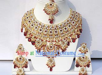 Traditional Indian Wedding Accessories Bollywood Princess Red Beads Necklace Earrings and Hair Clasp for Women