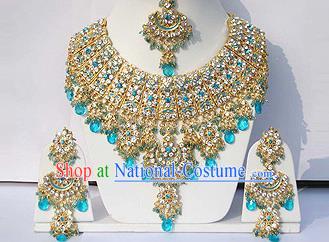 Traditional Indian Wedding Accessories Bollywood Princess Blue Beads Necklace Earrings and Hair Clasp for Women