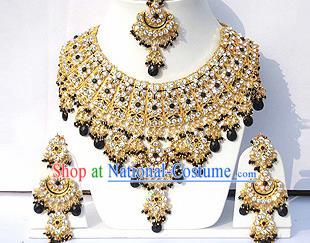 Traditional Indian Wedding Accessories Bollywood Princess Black Beads Necklace Earrings and Hair Clasp for Women