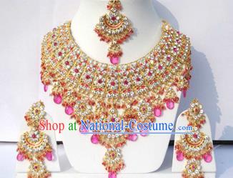 Traditional Indian Wedding Accessories Bollywood Princess Pink Beads Necklace Earrings and Hair Clasp for Women