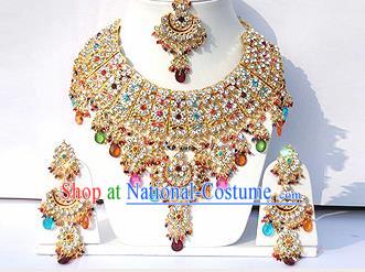 Traditional Indian Wedding Accessories Bollywood Princess Colorful Beads Necklace Earrings and Hair Clasp for Women