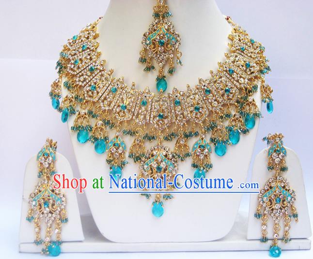 Traditional Indian Wedding Blue Beads Accessories Bollywood Princess Necklace Earrings and Hair Clasp for Women