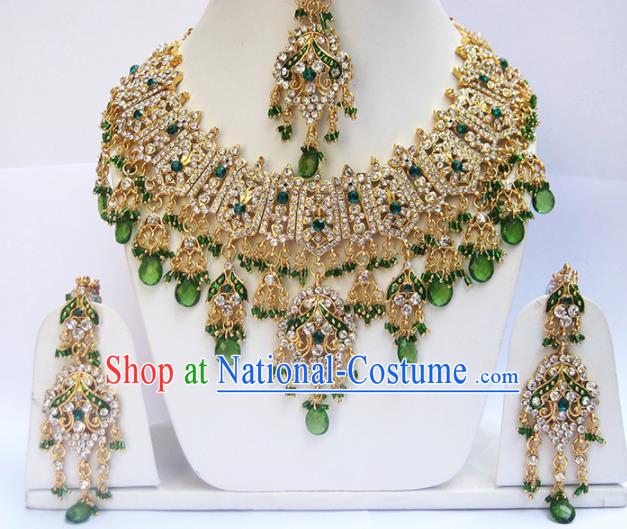 Traditional Indian Wedding Green Beads Accessories Bollywood Princess Necklace Earrings and Hair Clasp for Women