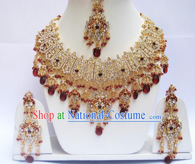 Traditional Indian Wedding Red Beads Accessories Bollywood Princess Necklace Earrings and Hair Clasp for Women