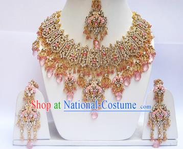 Traditional Indian Wedding Pink Beads Accessories Bollywood Princess Necklace Earrings and Hair Clasp for Women