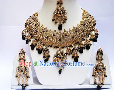 Traditional Indian Wedding Black Beads Accessories Bollywood Princess Necklace Earrings and Hair Clasp for Women