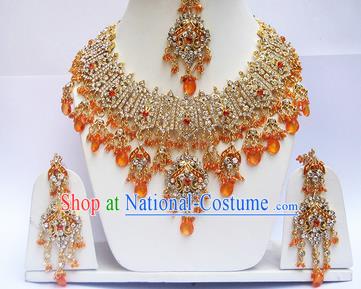 Traditional Indian Wedding Orange Beads Accessories Bollywood Princess Necklace Earrings and Hair Clasp for Women