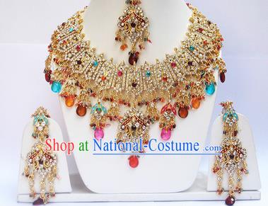 Traditional Indian Wedding Colorful Beads Accessories Bollywood Princess Necklace Earrings and Hair Clasp for Women