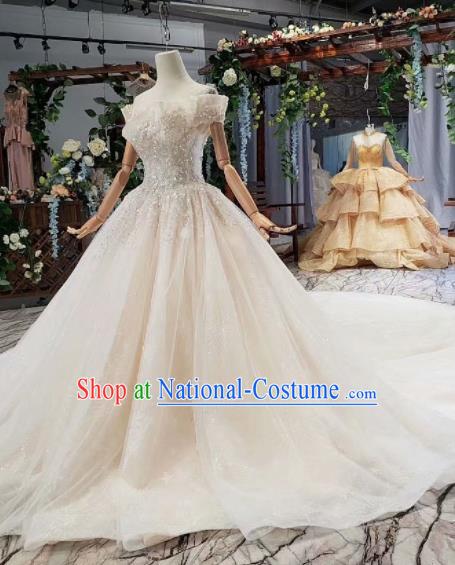 Top Grade Customize Bride Flat Shouders Trailing Full Dress Court Princess Wedding Costume for Women