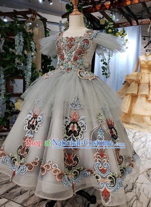 Top Grade Customize Embroidered Grey Veil Full Dress Court Princess Waltz Dance Costume for Women